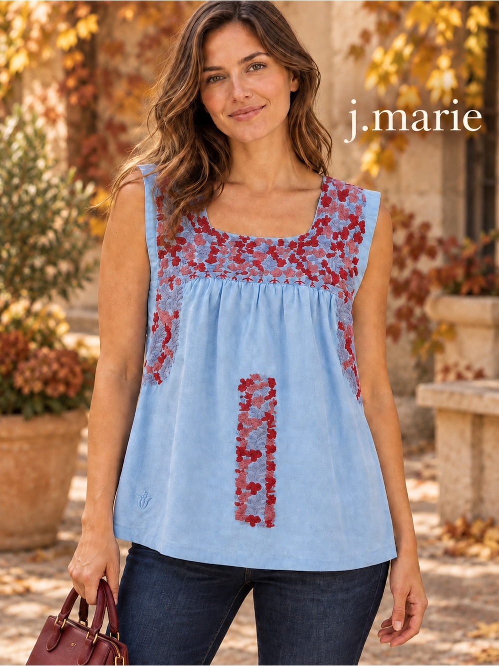 EUC J. Marie Raelyn Blue Pink Floral Embroidered Boho Linen Tunic Top Size M